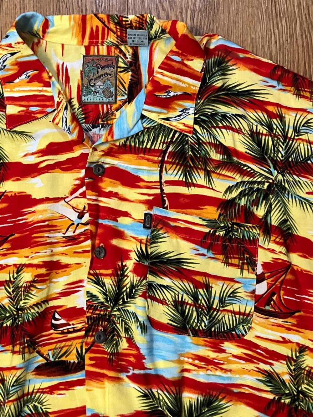 Vtg 90s Hawaiian Shirt XL Sunset Sailboat Rayon Tiki Aloha